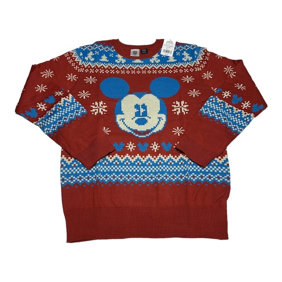 NWT Disney‎ Mickey Mouse Christmas Sweater Red w/ Snowflakes Tree Men's Size L - Picture 1 of 9